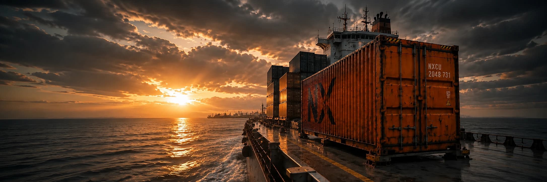 The orange Nexus container at sea in the evening light
